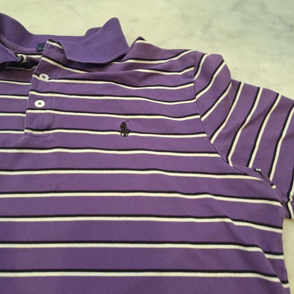 Polo Ralph Lauren Polo Shirt Mens L Purple Striped Stretch Mesh Pony Logo Spot